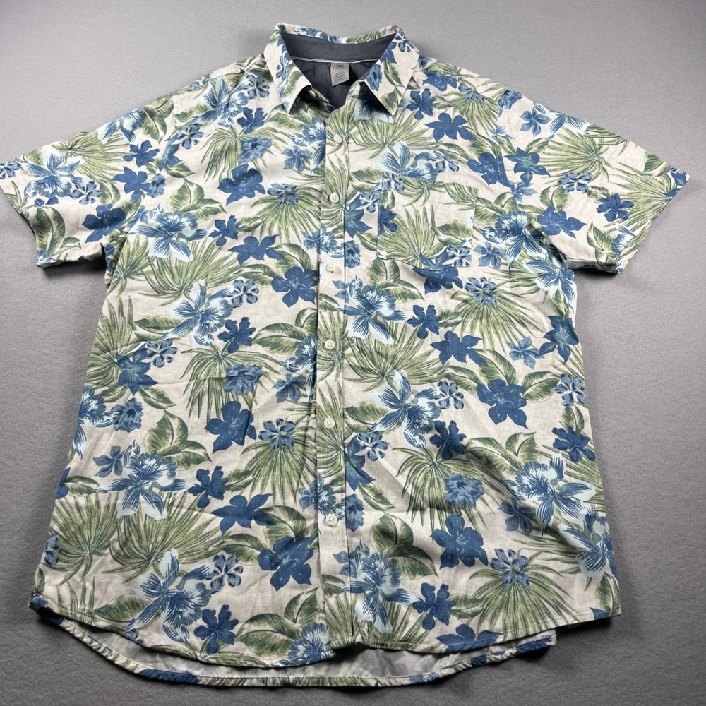 Hurley Mens Large Floral Tropical‎ Palm Print Short Sleeve Rayon Button Up Shirt